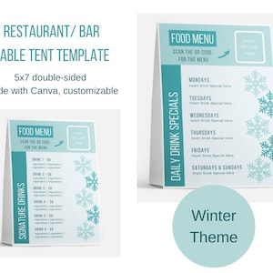 Szablon namiotu stołowego ze specjalnym menu restauracji/baru (5x7), wykonany w Canva, dostosowywalny, motyw zimowy
