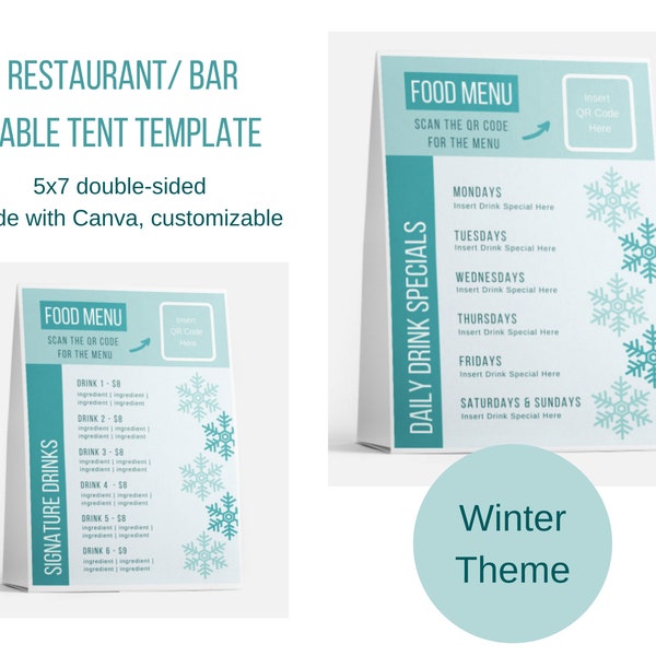 Restaurant/ Bar Menu Specials Table Tent Template (5x7), Made with Canva, Customizable, Winter Theme