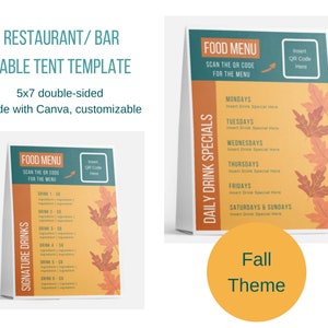 Szablon namiotu stołowego na specjalne dania z menu restauracji/baru (5x7), wykonany w Canva, dostosowywany, motyw jesienny