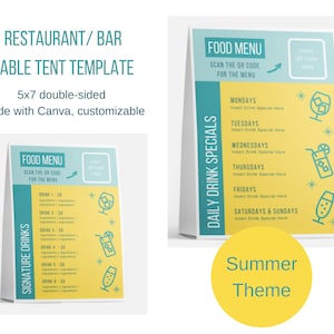 Plantilla de tienda de campaña de mesa especial de menú de restaurante/bar (5x7), hecha con Canva, personalizable, tema de verano