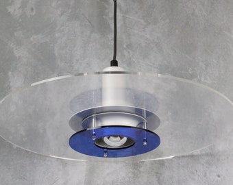 Vintage IKEA T712 Pendant Light 1980s, Postmodern Plexiglas Ceiling Lamp, Clear and Blue Space Age Design, Retro Memphis Home Decor