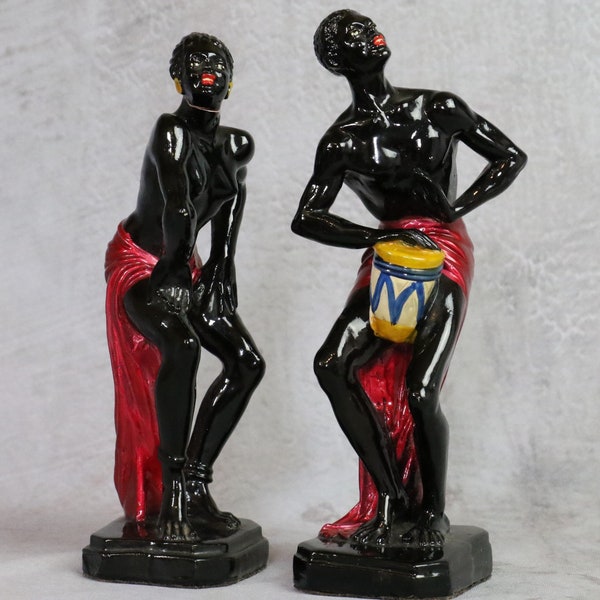 Rare - deux statuettes G. RUGGERI, céramique, personnages africains - 1970