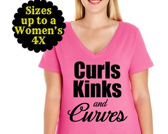 Curls Kinks and Curves Women's V-Neck Tee, Plus Size Clothing, Plus Size Shirt, Natural Hair T-Shirt, Curly Hair Shirt, Curvy Shirt