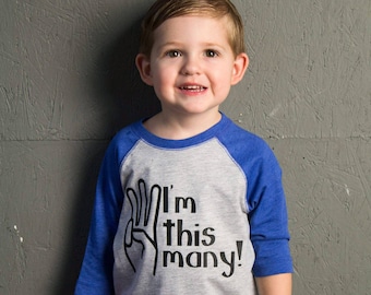 I'm This Many, 3 Years Old, 3rd Birthday, Toddler Baseball Raglan T-shirt in 6 Colors in Sizes 2T-5/6