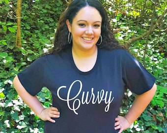Curvy Text Graphic Women's Graphic T-shirt in 7 Different Colors in Sizes Small-4X, Plus Size