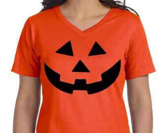 Carved Pumpkin, Halloween Women's Premium Jersey V-Neck T-shirt, Plus Size Clothing, Plus Size Halloween, Halloween Tee, Halloween T Shirt
