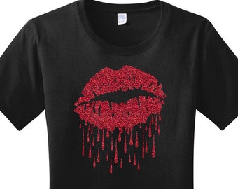 Glitter Dripping Lips Women's T-shirt in 7 Different Colors in Sizes Small-4X, Plus Size
