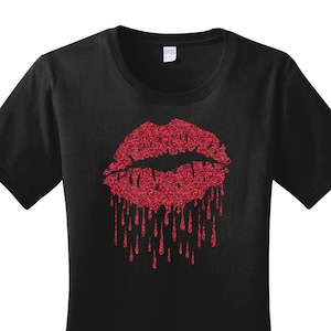 Glitter Dripping Lips Women&#39;s T-shirt in 7 Different Colors in Sizes Small-4X, Plus Size