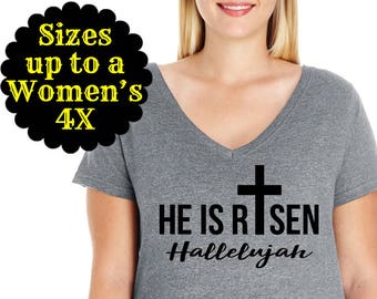 He is Risen Premium Jersey Women's V-Neck Shirt, Easter Shirt, Christian shirt, Plus Size Clothing, Plus Size Easter Shirt, Spiritual Shirt