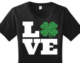 Love 4 Leaf Clover, Shamrock, St Patricks Day, Women's T-Shirt in 7 Different Colors in Sizes Small-4X, Plus Size