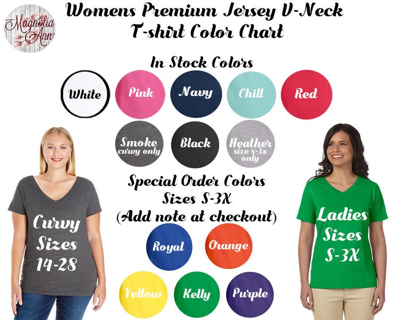 May include: Color chart for women's v-neck t-shirts.  The chart shows the available colors in stock and special order colors.  The chart also shows the sizes available for each color.  The sizes available are S-3X for regular sizes and 14-28 for curvy sizes.