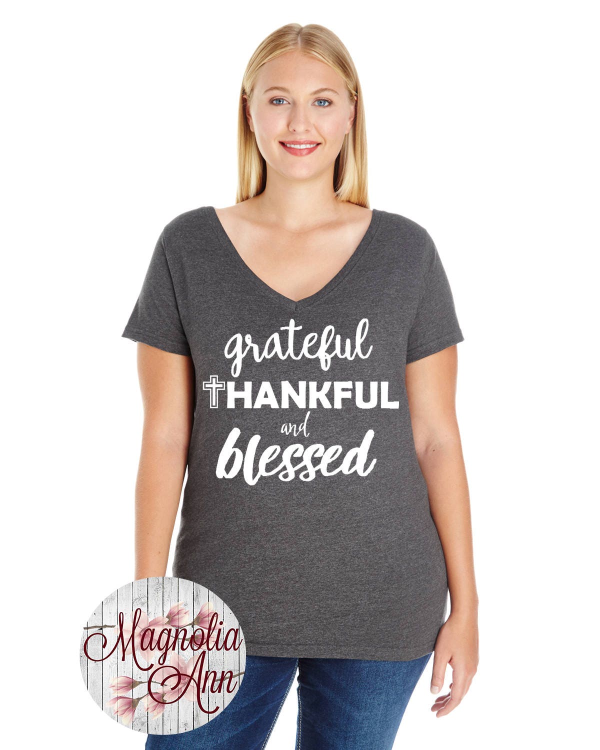 Grateful Thankful Blessed, Thanksgiving, Inspirational, Women's Premium  Jersey V-neck T-shirt in Sizes Small-4x, Plus Size, Curvy -  UK