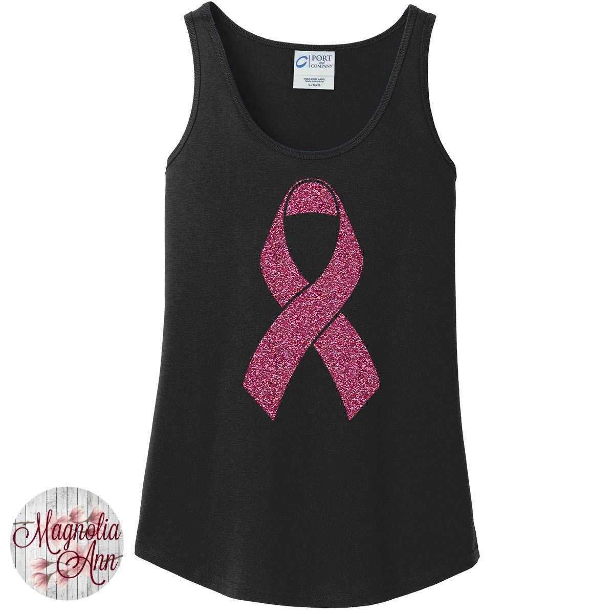 Pink Glitter Breast Cancer Ribbon Women's Tank Top Available in 6