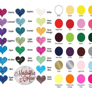 May include: A chart of 60 heart-shaped glitter colors, including silver, gold, black, copper, red, blue, green, purple, pink, orange, white, yellow, and more. The chart is labeled with the color names.