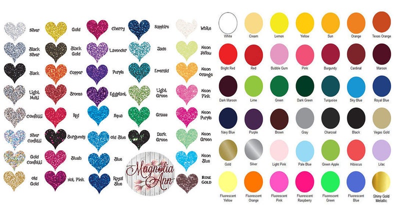 May include: A chart of 60 heart-shaped glitter colors, including silver, gold, black, copper, red, blue, green, purple, pink, orange, white, yellow, and more. The chart is labeled with the color names.