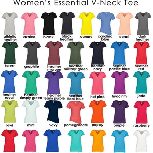 May include: A chart of 25 different colored V-neck t-shirts. The t-shirts are arranged in five rows of five. Each t-shirt has a label underneath it with the color name.