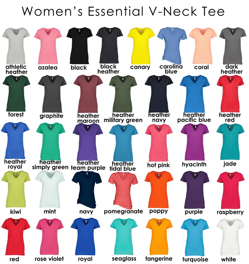 May include: A chart of 25 different colored V-neck t-shirts. The t-shirts are arranged in five rows of five. Each t-shirt has a label underneath it with the color name.