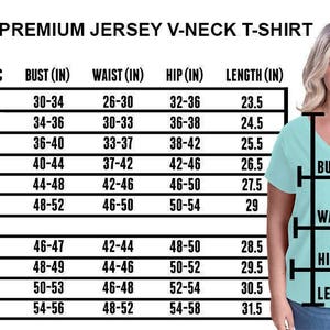 May include: Size chart for a women's v-neck t-shirt with measurements in inches for bust, waist, hip, and length. The chart includes numeric sizes and corresponding bust, waist, hip, and length measurements.