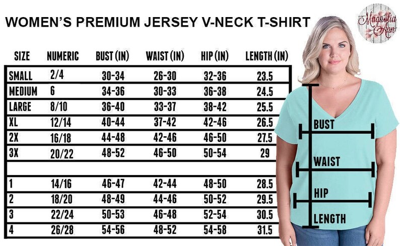 May include: Size chart for a women's v-neck t-shirt with measurements in inches for bust, waist, hip, and length. The chart includes numeric sizes and corresponding bust, waist, hip, and length measurements.