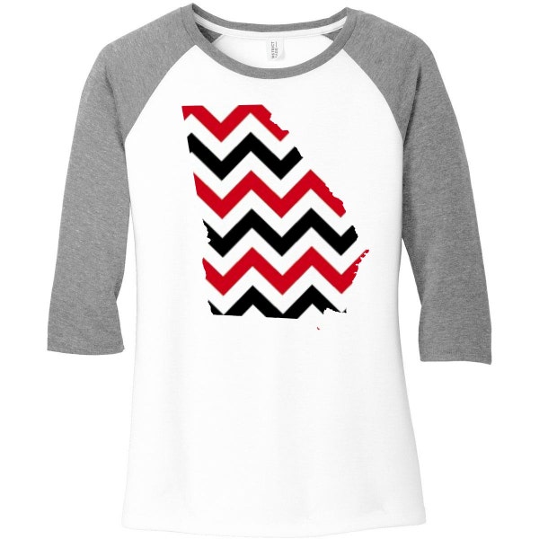Georgia State Red, Black & White Chevron Design, Baseball Raglan 2 Tone 3/4 Sleeve Womens Tops Shirts in Sizes Small-4X, Plus Size