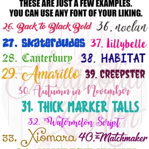 May include: A list of font names in various colors and styles, including "Back to Black Bold", "Skaterdudes", "Canterbury", "Amarillo", "Autumn in November", "THICK MARKER TALLS", "Watermelon Script", "Xiomara", "Matchmaker", "SHOULD'VE KNOWN", and "Jawbreaker".