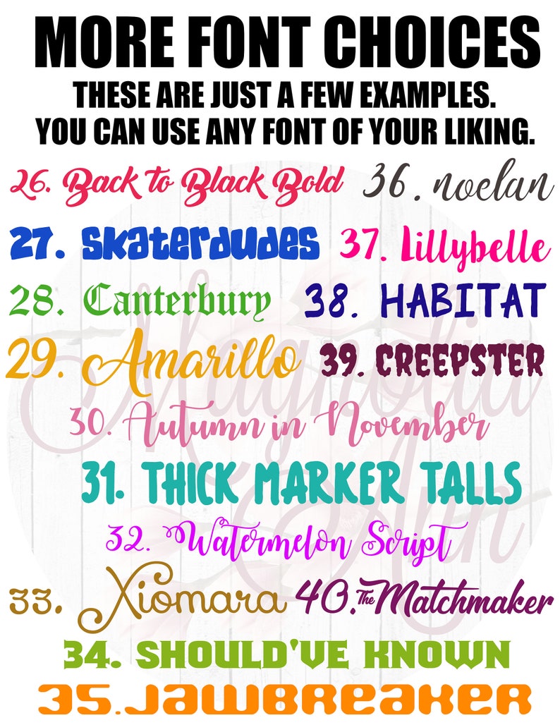 May include: A list of font names in various colors and styles, including "Back to Black Bold", "Skaterdudes", "Canterbury", "Amarillo", "Autumn in November", "THICK MARKER TALLS", "Watermelon Script", "Xiomara", "Matchmaker", "SHOULD'VE KNOWN", and "Jawbreaker".