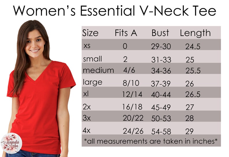 May include: Size chart for a women's v-neck tee shirt. The chart shows sizes XS to 4X, with corresponding bust measurements in inches. The chart also shows the length of each size in inches.
