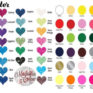 May include: A chart of glitter colors in heart and circle shapes. The colors include silver, gold, black, copper, purple, light green, red, aqua, blue, burgundy, blush, hot pink, royal blue, neon orange, bright red, bubble gum, pink, burgundy, cardinal, maroon, dark maroon, lime, green, dark green, turquoise, sky blue, royal blue, navy blue, purple, brown, gray, charcoal, black, Vegas gold, gold, silver, light pink, pale blue, green apple, hibiscus, lilac, fluorescent yellow, fluorescent orange, fluorescent pink, fluorescent raspberry, fluorescent green, fluorescent blue, shiny gold metallic.