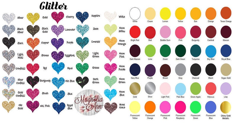May include: A chart of glitter colors in heart and circle shapes. The colors include silver, gold, black, copper, purple, light green, red, aqua, blue, burgundy, blush, hot pink, royal blue, neon orange, bright red, bubble gum, pink, burgundy, cardinal, maroon, dark maroon, lime, green, dark green, turquoise, sky blue, royal blue, navy blue, purple, brown, gray, charcoal, black, Vegas gold, gold, silver, light pink, pale blue, green apple, hibiscus, lilac, fluorescent yellow, fluorescent orange, fluorescent pink, fluorescent raspberry, fluorescent green, fluorescent blue, shiny gold metallic.