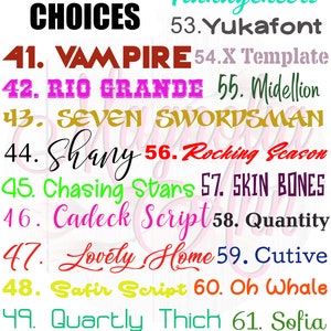 May include: A list of font names with corresponding numbers. The font names are written in different styles and colors. The list includes fonts like Vampire, Rio Grande, Seven Swordsman, Chasing Stars, Cadeck Script, Lovely Home, Safir Script, Quartly Thich, Spring Fire, and Magic School.