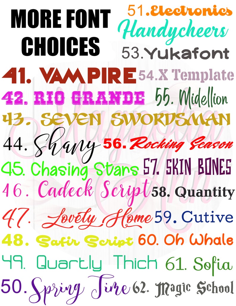 May include: A list of font names with corresponding numbers. The font names are written in different styles and colors. The list includes fonts like Vampire, Rio Grande, Seven Swordsman, Chasing Stars, Cadeck Script, Lovely Home, Safir Script, Quartly Thich, Spring Fire, and Magic School.