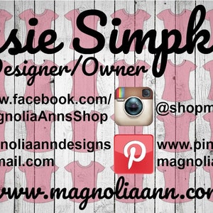 May include: A business card with a white woodgrain background and pink t-shirts. The text reads "Susie Simpkins Designer/Owner" and includes contact information for Facebook, Instagram, Pinterest, and email.