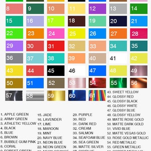 May include: A vinyl color chart with 61 different colors, including solid colors and metallics. The chart is organized in rows and columns, with each color represented by a small square. The colors are numbered from 1 to 61, and the names of the colors are listed below the chart.