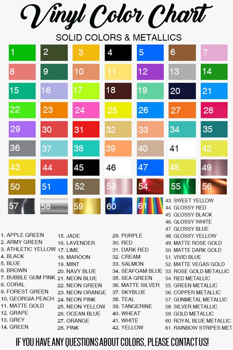 May include: A vinyl color chart with 61 different colors, including solid colors and metallics. The chart is organized in rows and columns, with each color represented by a small square. The colors are numbered from 1 to 61, and the names of the colors are listed below the chart.
