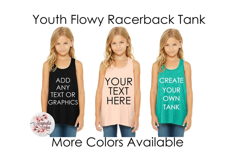 May include: Three girls wearing youth flowy racerback tank tops in black, peach, and teal. The tanks have text on them that says "Add any text or graphics", "Your text here", and "Create your own tank".