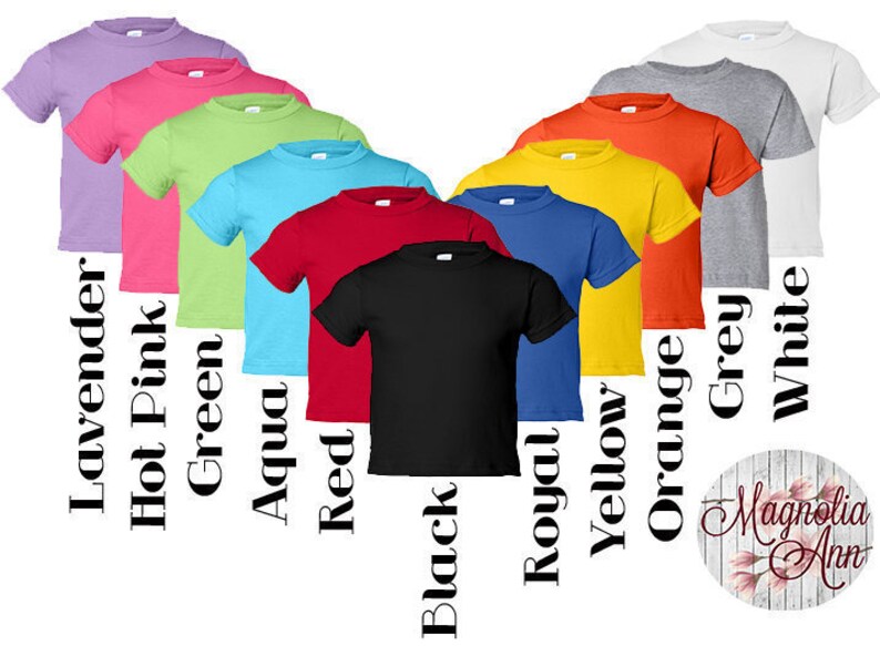 May include: A variety of colors of t-shirts, including lavender, hot pink, green, aqua, red, black, royal blue, yellow, orange, grey, and white. The shirts are all short-sleeved and have a crew neck.