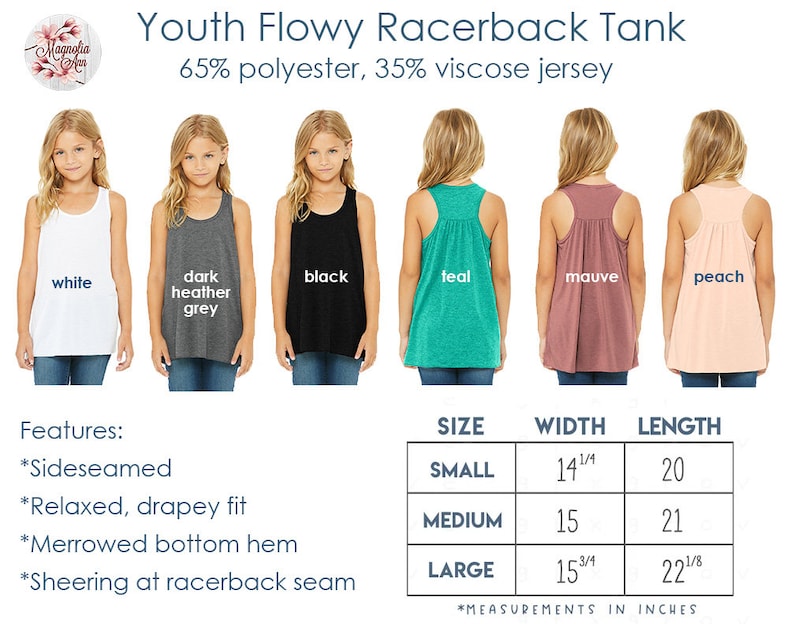 May include: Youth Flowy Racerback Tank in various colors, including white, dark heather grey, black, teal, mauve, and peach. The tank is made of 65% polyester and 35% viscose jersey. Features include sideseamed construction, a relaxed drapey fit, a merrowed bottom hem, and sheering at the racerback seam. Size chart shows measurements in inches for small, medium, and large sizes.
