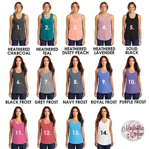 May include: A chart showing 14 different colors of racerback tank tops. The tank tops are made of a tri-blend fabric. The colors include: Heathered Charcoal, Heathered Teal, Heathered Dusty Peach, Heathered Lavender, Solid Black, Black Frost, Grey Frost, Navy Frost, Royal Frost, Purple Frost, Fuchsia Frost, Red Frost, Turquoise Frost, and Solid White.
