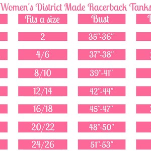 May include: A chart showing the size, bust measurement, and length of racerback tanks. The chart shows sizes from small to 4X, with corresponding bust measurements from 35-36 inches to 51-53 inches, and lengths from 26 inches to 30 inches.