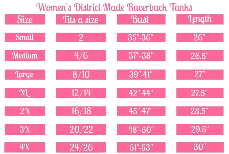 May include: A chart showing the size, bust measurement, and length of racerback tanks. The chart shows sizes from small to 4X, with corresponding bust measurements from 35-36 inches to 51-53 inches, and lengths from 26 inches to 30 inches.