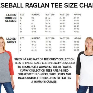 以下が含まれることがあります： 女性用ベースボールラグランTシャツのサイズ表。表には、モダンなクラシックフィットのXSから2Xサイズと、カーブフィットのサイズ1から4が表示されています。表には、バスト、ウエスト、ヒップの寸法がインチで表示されています。