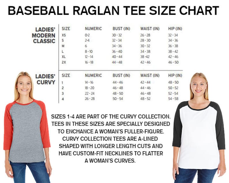 以下が含まれることがあります： 女性用ベースボールラグランTシャツのサイズ表。表には、モダンなクラシックフィットのXSから2Xサイズと、カーブフィットのサイズ1から4が表示されています。表には、バスト、ウエスト、ヒップの寸法がインチで表示されています。