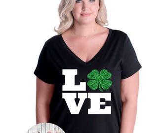 Love Shamrock St Patricks Day Women's Jersey V-Neck T-shirt, Plus Size Clothing, Plus Size St Patricks Day, Womens St. Patricks Day T shirt