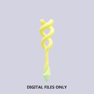 May include: A yellow, 3D, abstract, twisted, spiral shape with a pointed tip. The shape is against a light gray background.