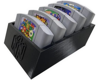 Game Cartridge Organizer and Holder for Nintendo 64 Game Paks holds 5 games, angled and modular, front N64 logo, works with protective cases