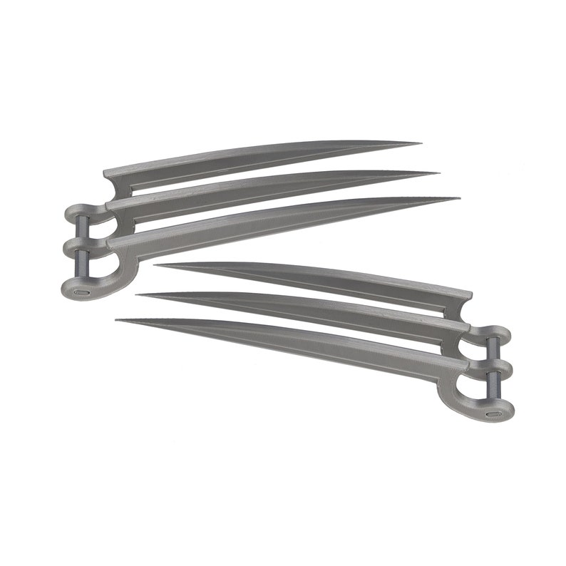 May include: A pair of metallic gray claws, each with three long, pointed blades. The claws are connected to a curved handle with a cylindrical pin. The design is symmetrical, with both sets of claws facing the same direction.