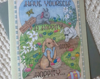 Whimsical Easter Bunny Greeting Card, original art, Easter Basket