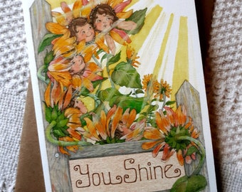 Thank You Card, Appreciation, Thinking of You, Vintage Style Original Art, Sunflowers