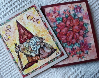 Alcohol Ink Christmas Cards, Gnome and Poinsettia Art, Set of 2
