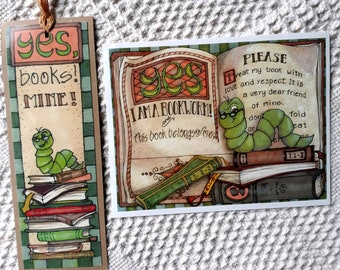 Bookworm Bookmark and Plate Set, Original Art, Book Accessories